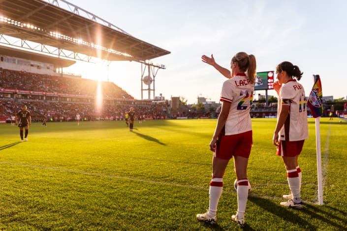 TORONTO, ON – JUN. 4, 2024: Jessie Fleming and Cloé Lacasse stand over a corner kick during a CONCACAF international friendly between Canada and Mexico at BMO Field.